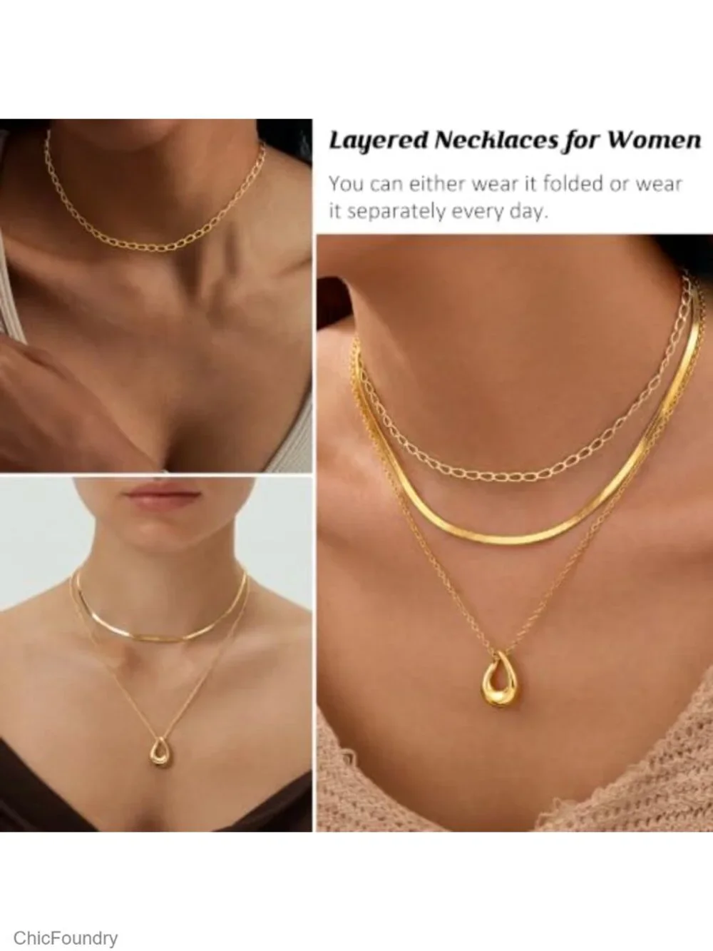 14k Gold Plated Layered Necklace Set with Paperclip Herringbone and Twisted